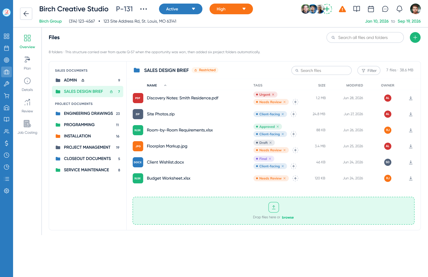 D-Tools project Files tab. A folder tree split into Sales documents and Project documents on the left, and the Sales Design Brief folder open on the right with files, tags, size, modified date, owner and a drop zone.