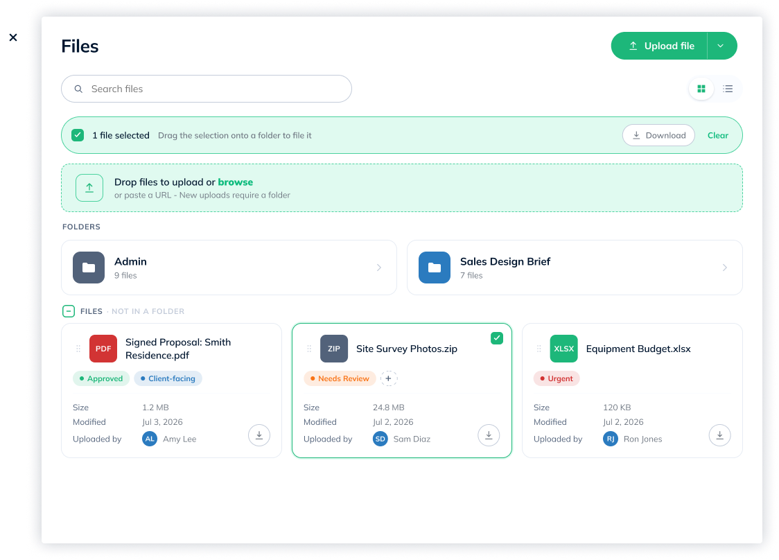 Quote Files dialog in grid view. A selection bar reads 1 file selected, drag the selection onto a folder to file it. Below are a drop zone, Admin and Sales Design Brief folder cards, and three unfiled file cards with tags, size, modified date and uploader.