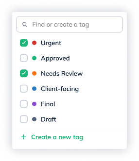 Tag popover with a Find or create a tag search field, a checklist of six tags with Urgent and Needs Review checked, and a Create a new tag link.