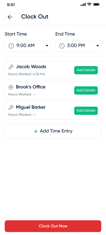 Clock out screen with time and jobs