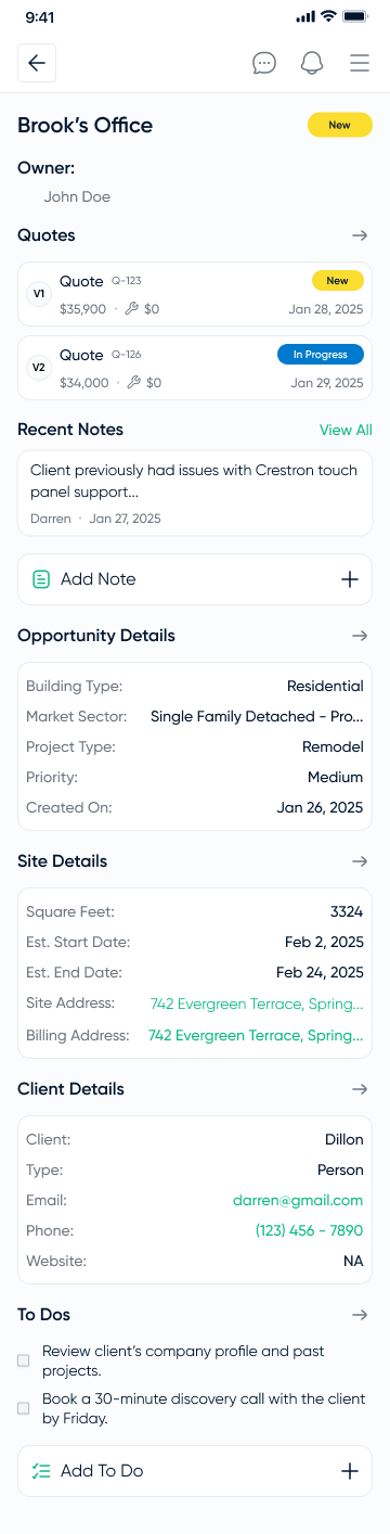 Opportunity details with notes, site details, client details and todos
