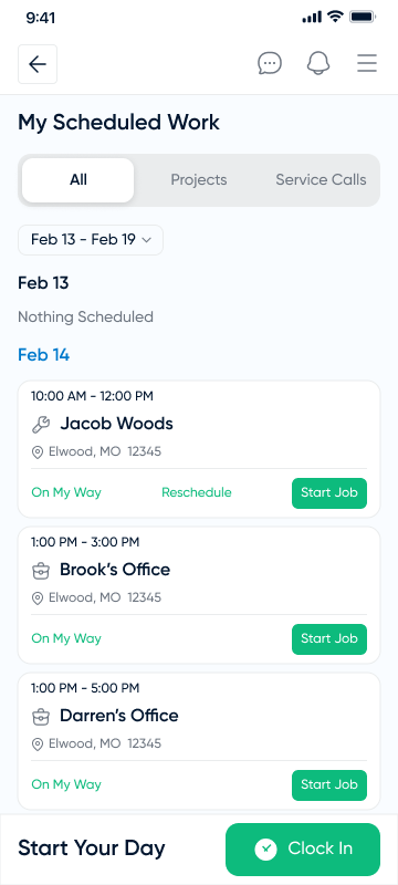 Scheduled work list with projects and service calls