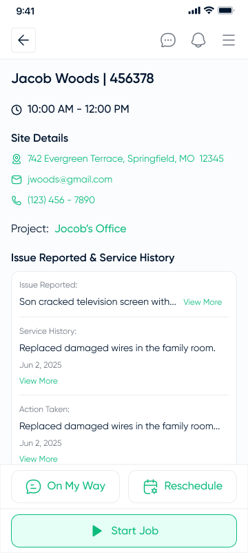 Service call details with contact and job actions