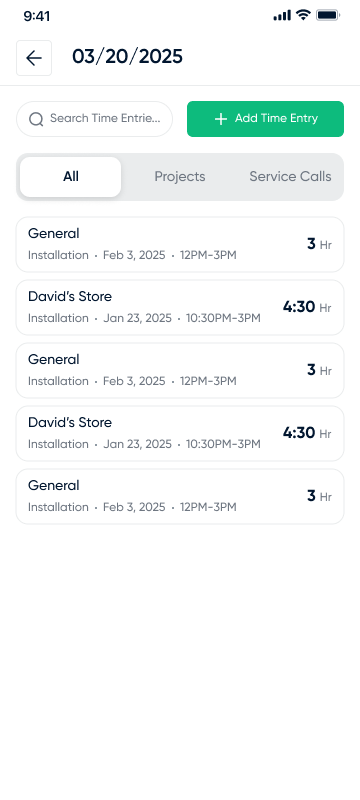 Time entries screen by date