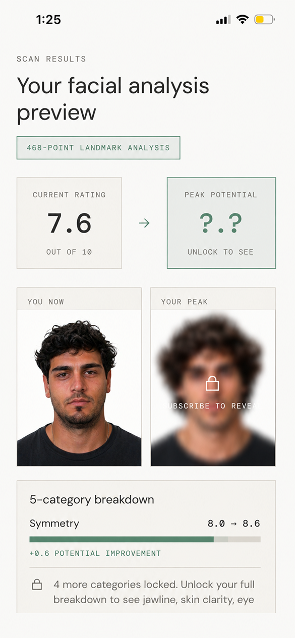 FaceSculpt analysis preview with current rating and locked peak potential
