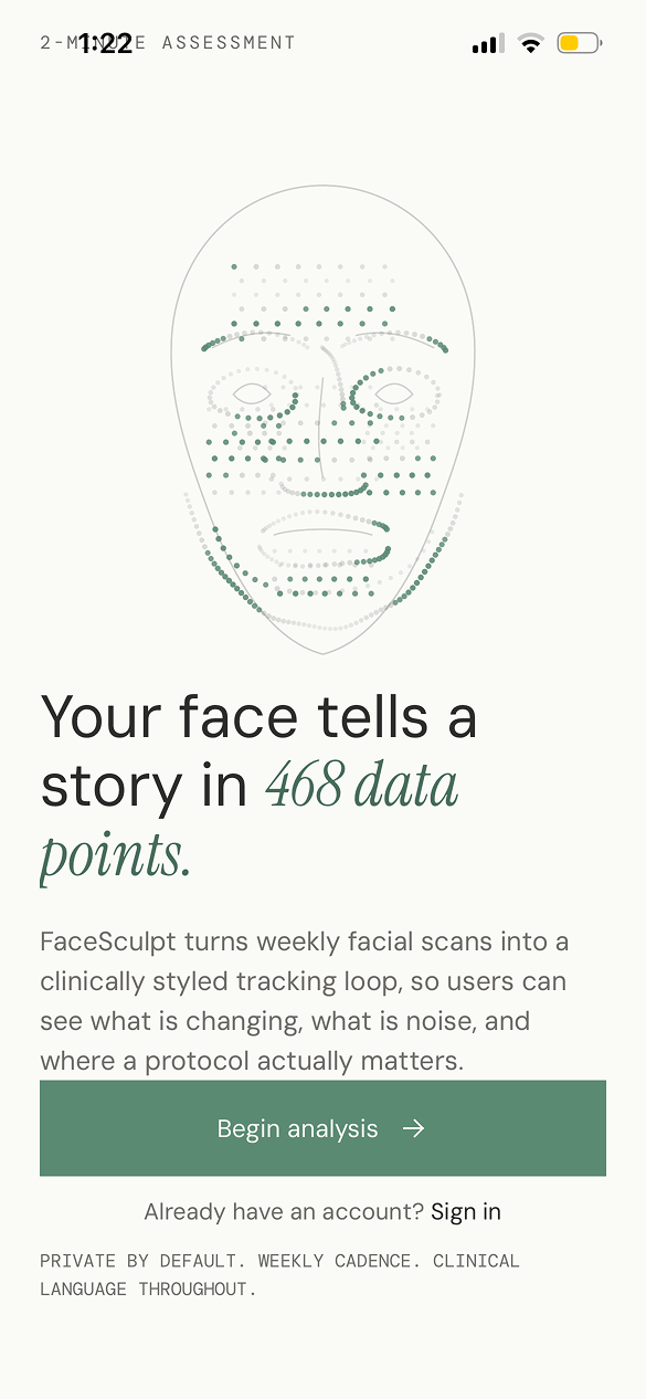 FaceSculpt onboarding screen explaining 468 data points