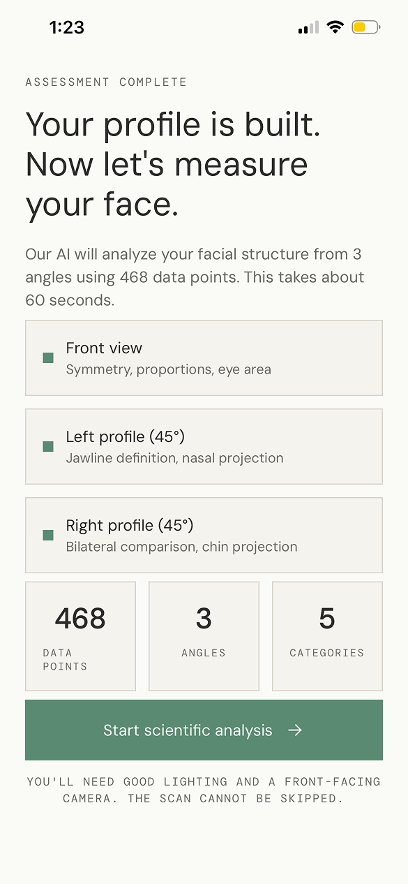 FaceSculpt scan setup screen describing three angles